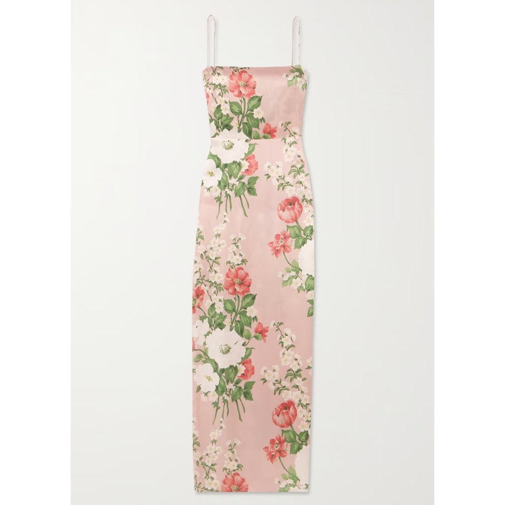 Reformation Frankie Silk Dress in Rose Garden Pink Floral Maxi